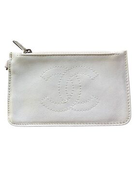 Chanel Bone Leather Zip Pochette w/ Chanel Silver Hardware Hollogram in Tact